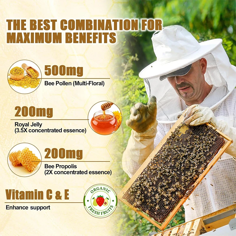 Private Label 100% Natural Bee Pollen with Royal Jelly Gummies Skin Health Support Boost Energy Bee Pollen Gummies
