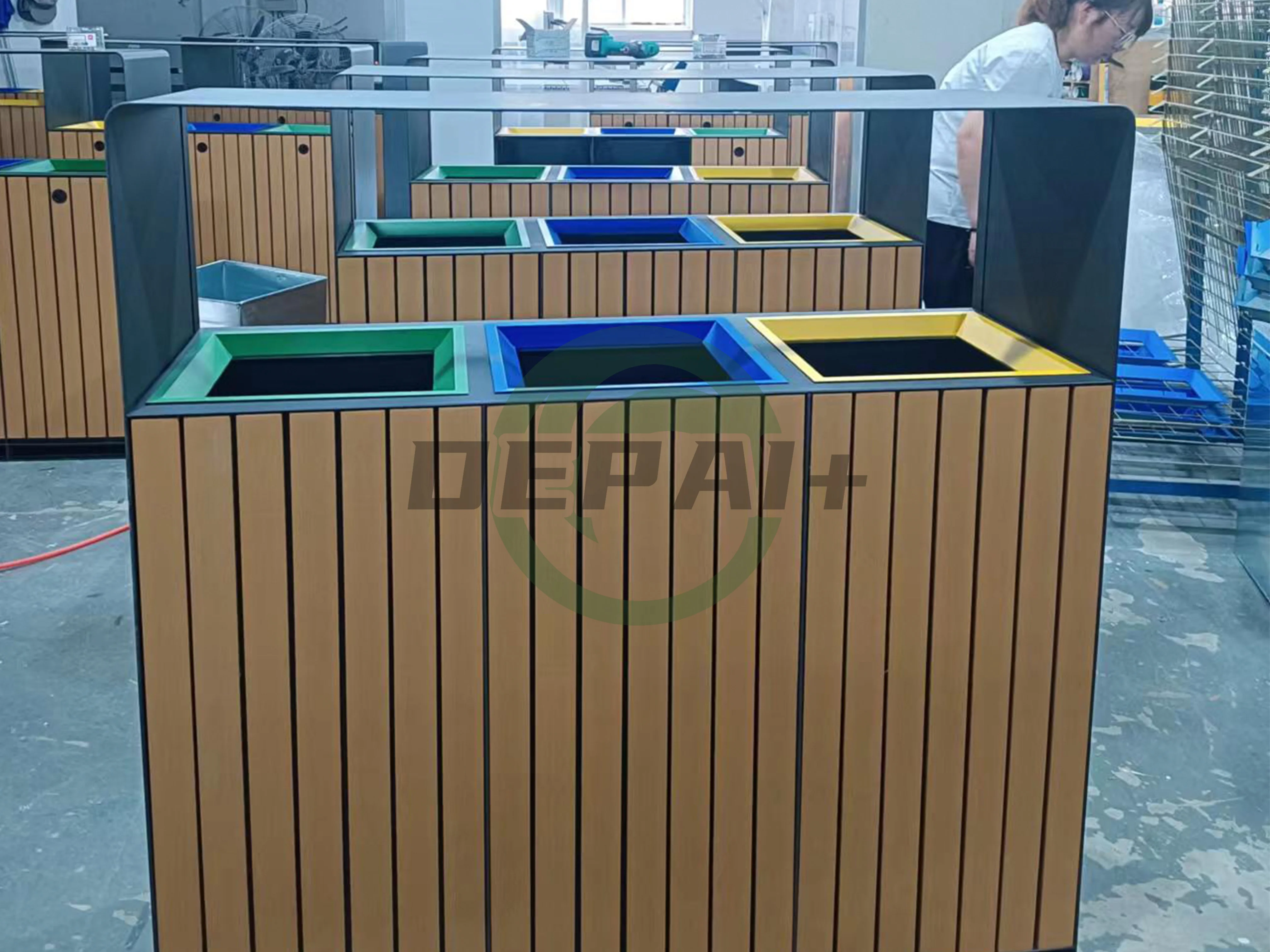 European WPC Style Outdoor Metal 3 Compartments Waste Recycling Trash Cans for Streets