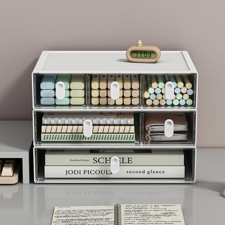 Clear Plastic Office Supplies 3 Tier Desk Organizer Stackable Desktop Storage Box with Drawer