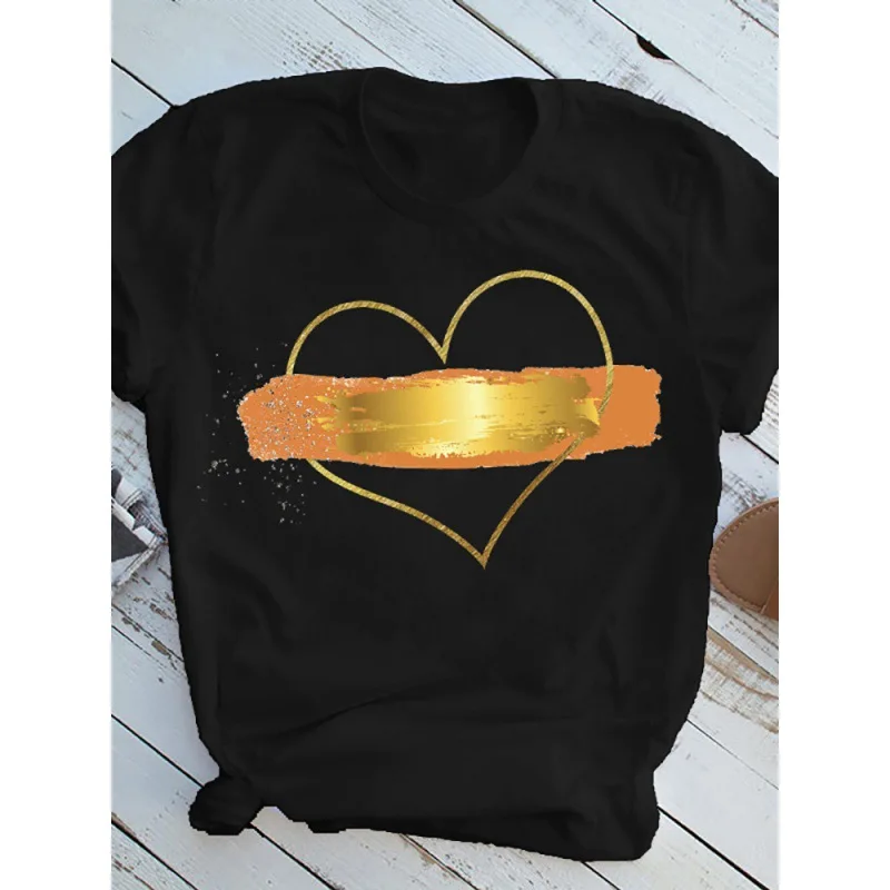 Heart Print Ladies T-shirt Ladies Casual Basis Graphic O-collar White Shirt Short Sleeve Ladies Love Oversized Printing T-shirt