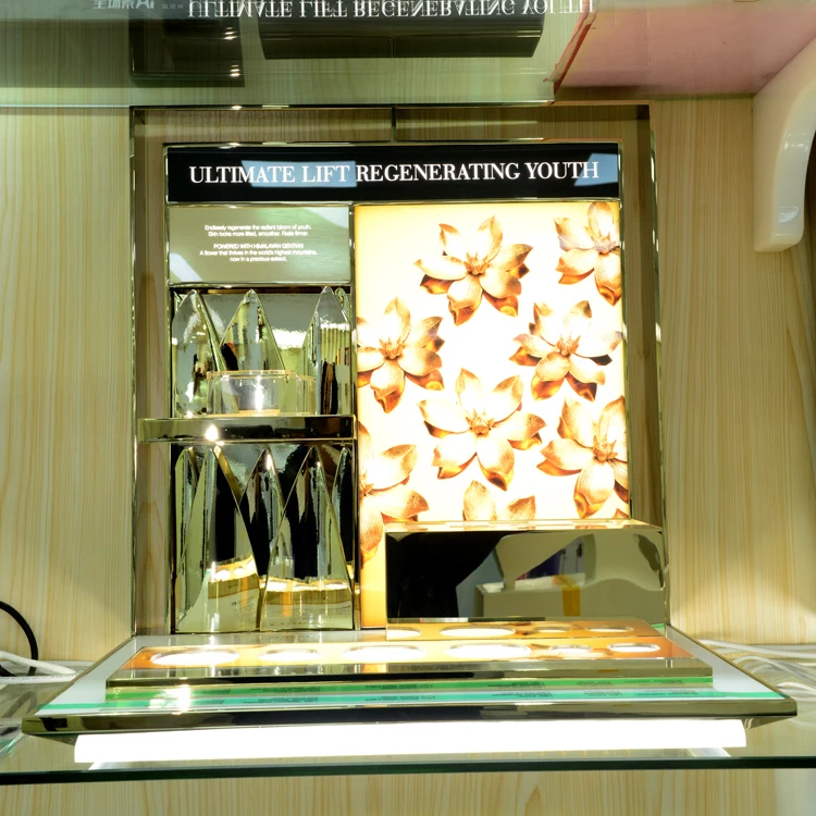 Превосходный OEM Высококачественный золотой гардении стиль торговой выставки косметический столешница со светодиодом