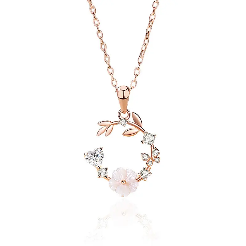 New Hot Sale Elegant Design S925 Sterling Silver Sakura Zircon Necklace Fashion Jewelry for Ladies