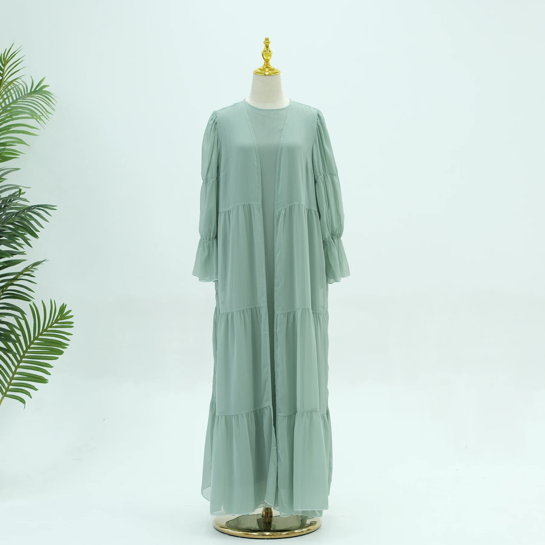 Wholesale Loriya Womens Dresses Islamic Clothing Solid Color Chiffon 2 Piece Abaya Set Long Sleeve Dress and Front Open Abaya