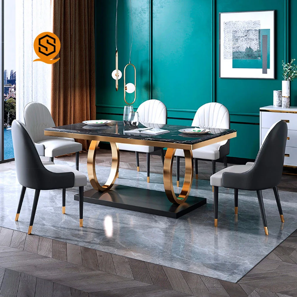 Morden luxury furniture marble stainless steels Kitchen Table Chair full set Extendable Home Use Restaurant Dining table