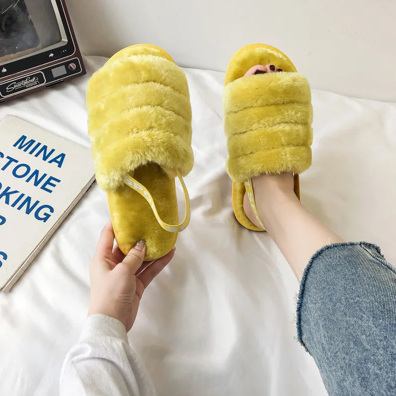 Drop Shipping Women Soft Plush Furry Cozy Open Toe House Flat Slippers Lamb Fur Warm Comfy Sandals Fluff Yeah Slide Slipper