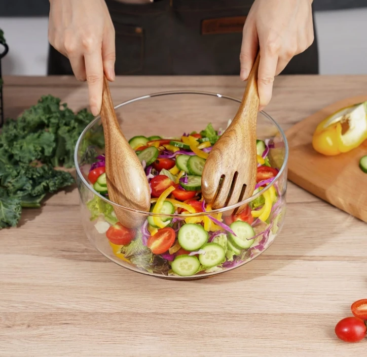 Wooden Salad Bowls Extra Large Glass Salad Bowls for Party with Acacia Wood Base and Salad Serving Utensils