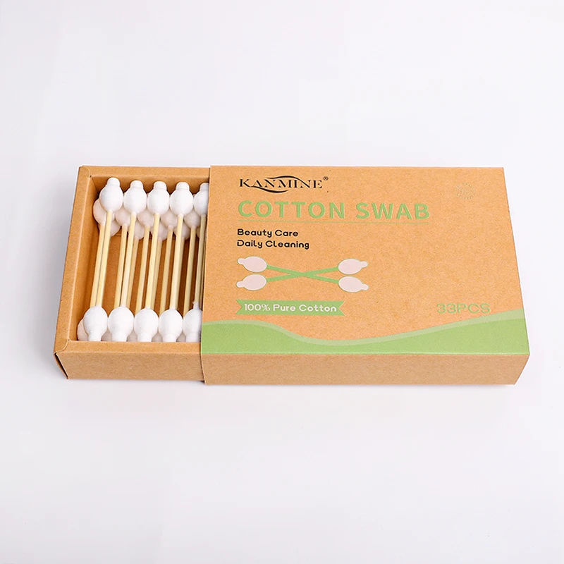 Portable Disposable Free Sample Eco Friendly 33Pcs Bamboo Stick Gourd Head Cotton Swab With Kraft Paper Drawer Box Package