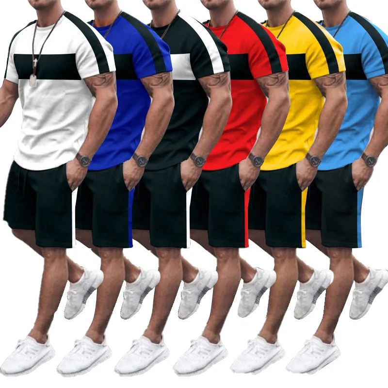 Men Summer Clothes 2022 Fashion Short Sleeve Patchwork Custom Logo Men Joggers Suits Set Shirt And Short Set Men