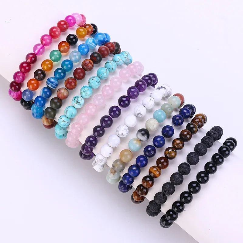 8mm Various natural stone chakra bracelets volcanic stone agate tiger eye stone amazonite elastic beaded bracelet jewelry