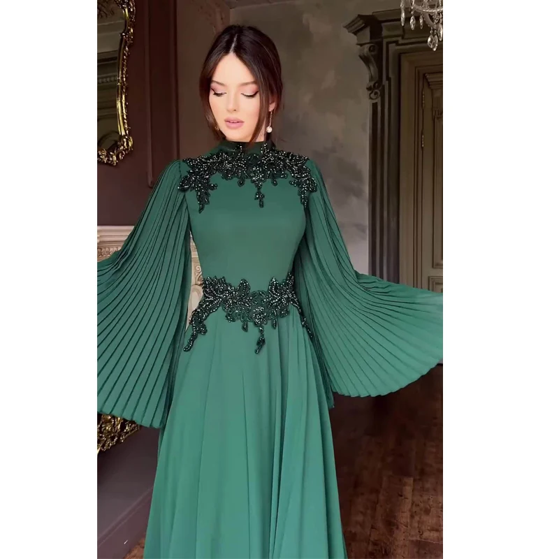 2024 New Fashionable European and American Foreign Trade Dress with Folded Long Sleeve Temperament High Waist Dress for Women