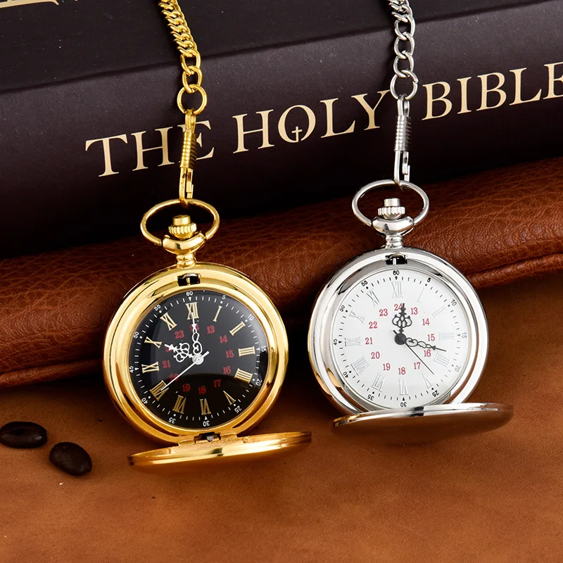 Fashion Smooth Blank Pocket Watch Fob Chain Quartz Pocket Watch Roman Number Dial Pendant Fob Watch Gifts Clock