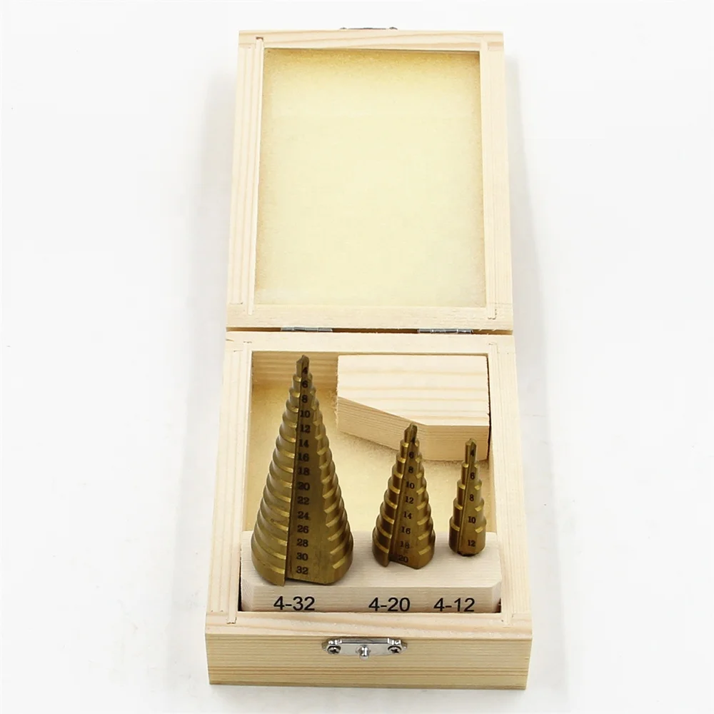 Набор конусных ступенчатых сверл, комплект из 3 насадок из быстрорежущей стали с метрическим титановым треугольным хвостовиком в форме пагоды, 4-12/20/32 мм