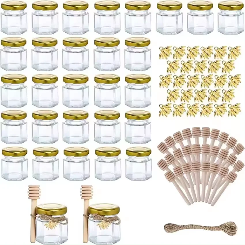 1.5oz Hexagon Mini Glass Honey Jar 30 Pack Honey Jar with Wood Dipper Elegant Glass Honey Pot Jar Set