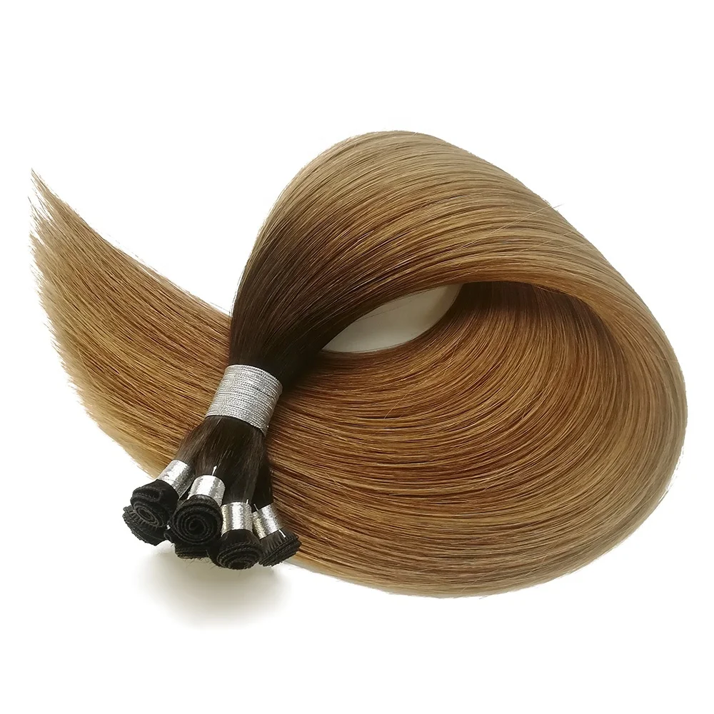 Hand Tied Wefts Hair Extensions OM2/8 Ombre Brown Cuticle Aligned Human Virgin Bundle Hair 100% Remy Double Drawn 14-24 inches