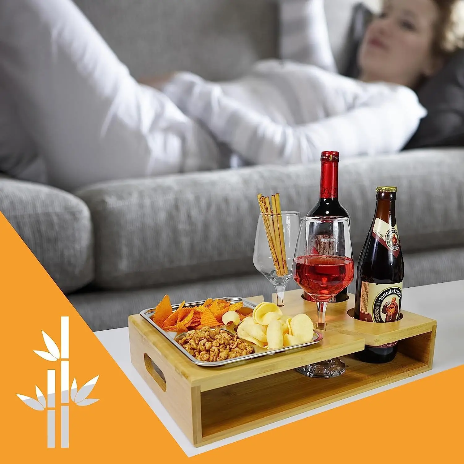 Bamboo Couch Bar Snack Box Wine Bottle Drink Cup Holder Tray Sofa Butler Organizer Caddy Buddy Couchbar Snack Couch Console