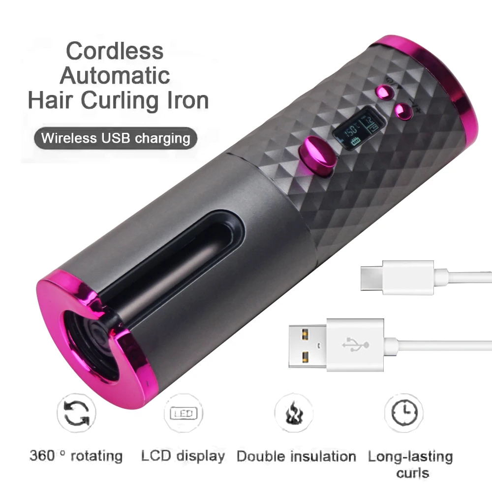 Automatic Curling Iron Fast Heating Hair Curling Iron for Hair Styling Rechargeable Cordless Hair Curler with 6 Temps and Timers