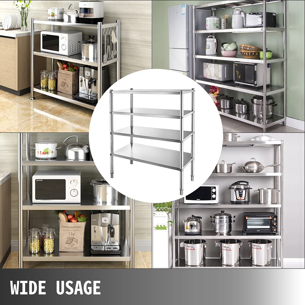 4-Tier Shelf Stainless Steel Shelving Commercial Standing Shelf Unit Display Rack for Kitchen, Office, Garage Storage
