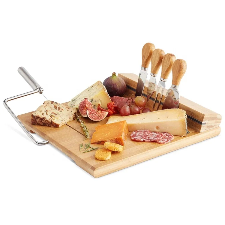 Bamboo Cheese Board Set with Wire Cheese Slicer and 4 Piece Stainless Steel Cheese Knife