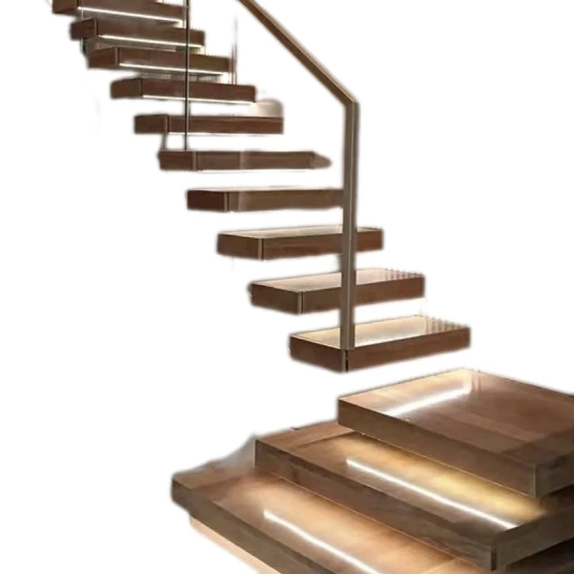 Hot sale indoor solid wood floating staircase decorative metal stairs wooden floating stairs steel frame