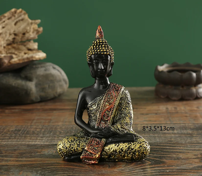 THAI  RESIN CRAFTS  SITTING BLACK GOLD BUDDHA STATUE LIVING ROOM ORNAMENT SOUTHEAST ASIA  HOME  DECORATION TABLE TOP MODEL