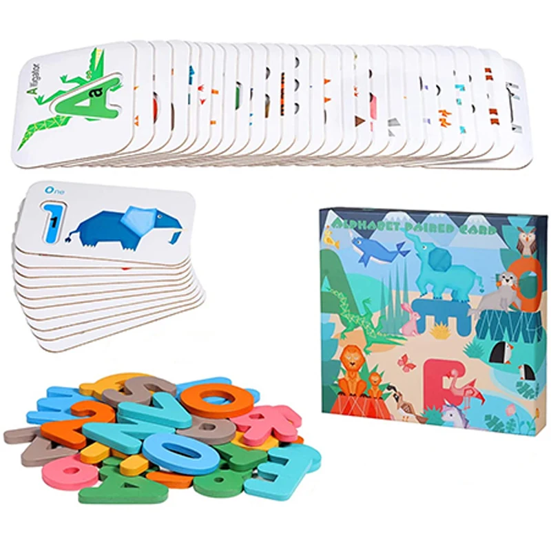 Alphabet Numbers Flash Cards for Toddlers 3-6 Years, ABC Learning Toys Wooden Letters and Numbers Animal Card Board