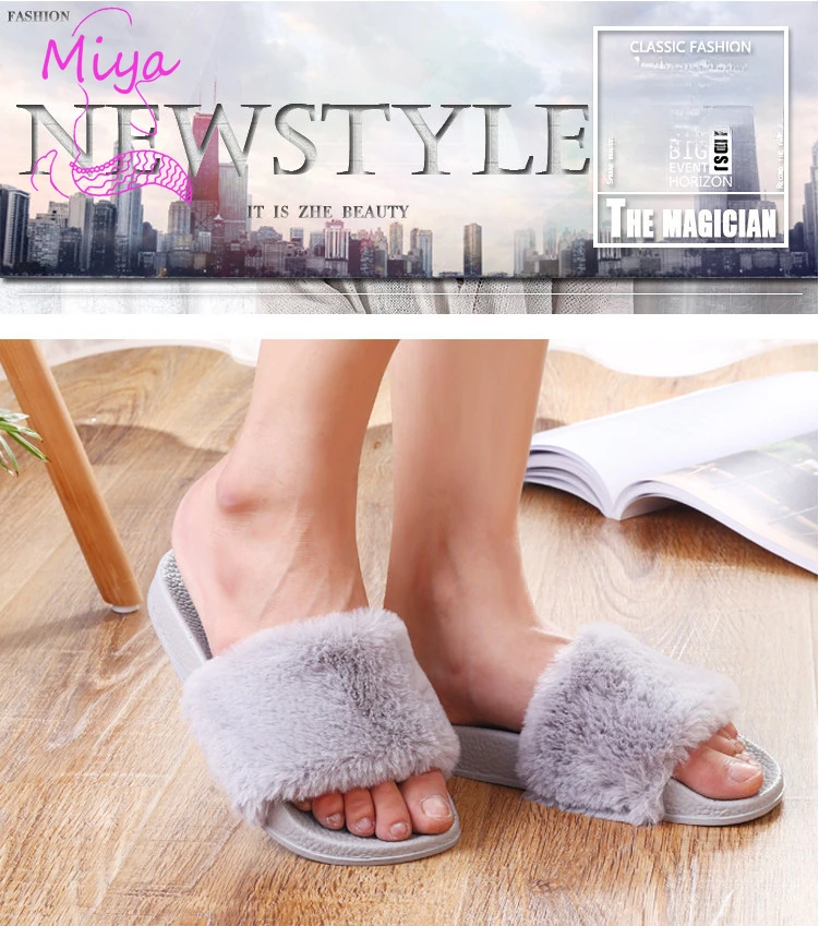 FR-2024 Latest fall winter Furry Slipper for Women Candy Colors Pompom Fur Upper Opern Toe EVA Sole Casual Home Flat Fur Slipper