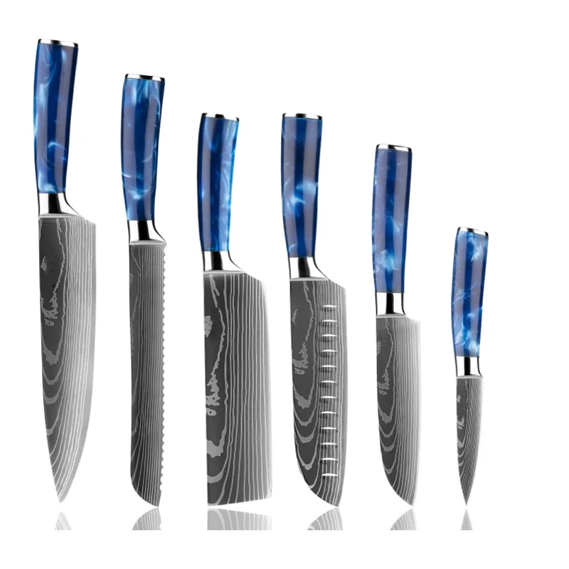 6pcs high quality carbon stainless steel ultra sharp knives set  with blue resin handle for kitchen 6pcs kitchen knife set
