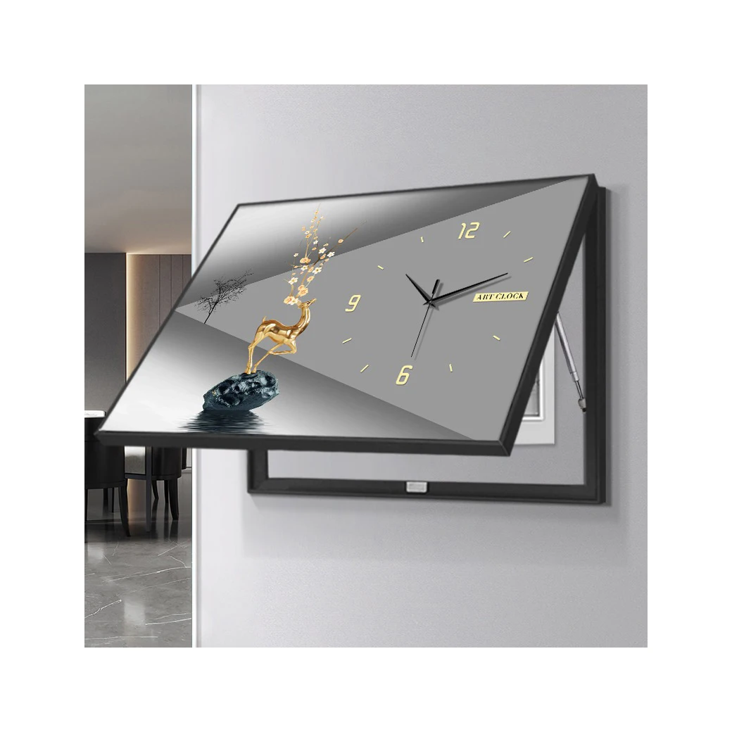 Nordic Home Decor Punch-Free Framed Distribution Box Wall Art with clock Abstract deer Print Electric Box Shielding Painting