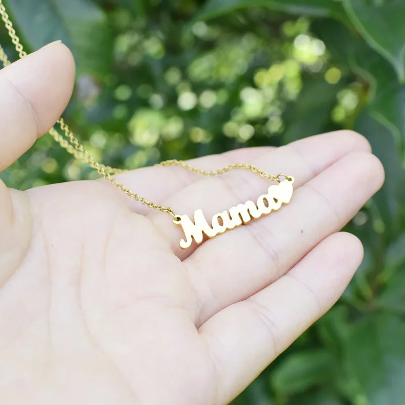 Fashion Custom Gold Plated Stainless Steel Jewelry Name Heart Letter Alphabet Mama Pendant Choker Chain Necklace For Mom Gifts