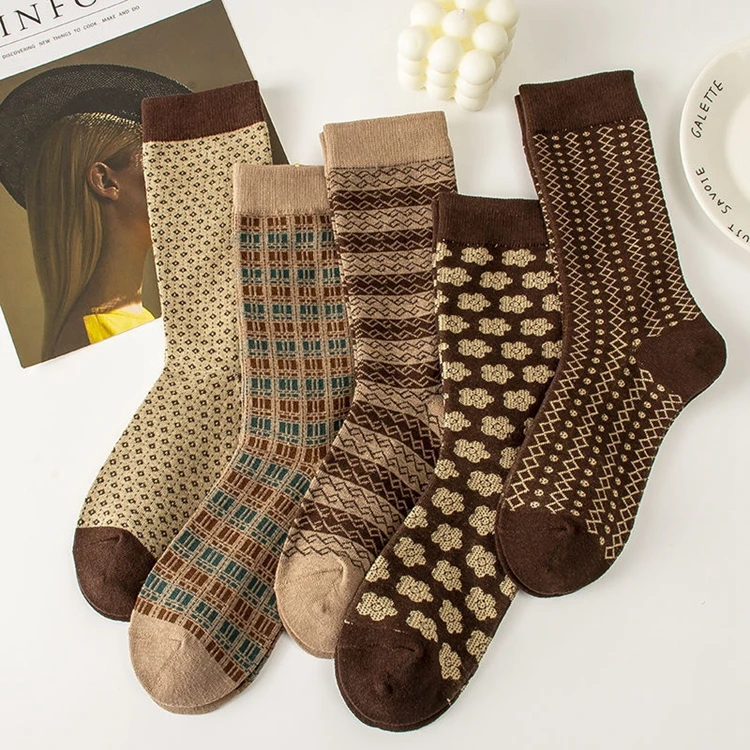 Hstyle Womens Pretty Vintage Cotton Socks Plaid Striped Floral Unique Print Design Soft Cozy Warm Crew Socks Home Christmas Gift