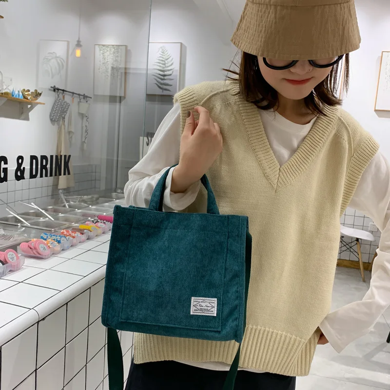 Custom Logo Women Corduroy Zipper Shoulder Bag Cotton Canvas Handbag Casual Tote Female Eco Crossbody Bag Vintage Messenger Bags