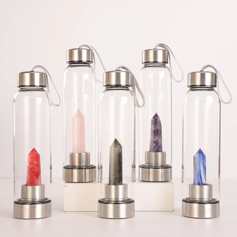 Custom healthy Amethyst gemstone infuser printed crystal glass water bottle drinking natural quartz stone water bottle