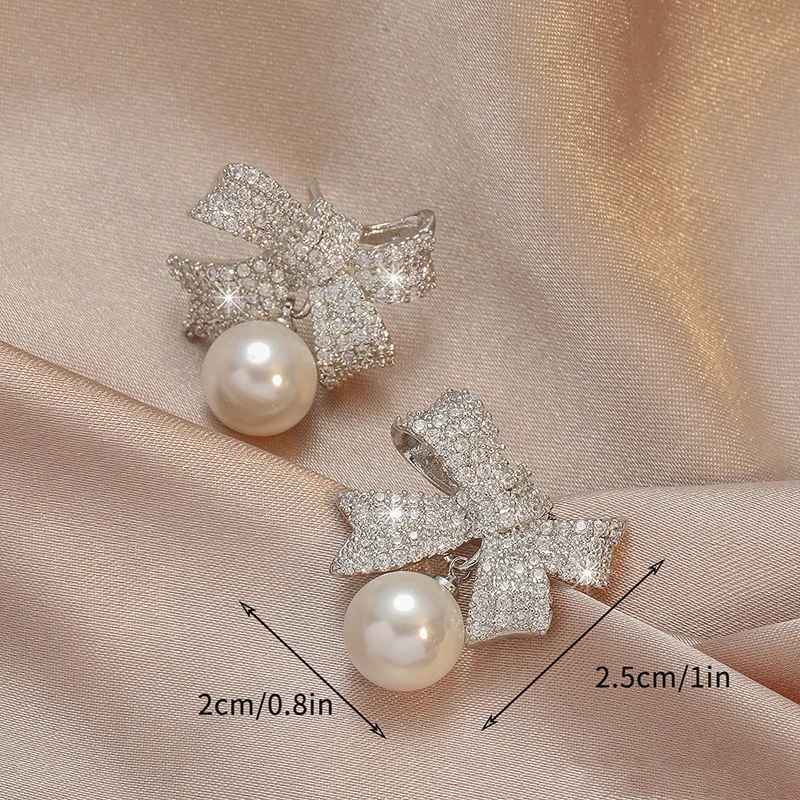 Bow Pearl Zirconia Earrings Drop Earring Opp Bag Gold Single Pearl High Quality Brass Plated Sweet and Simple New CLASSIC Zircon