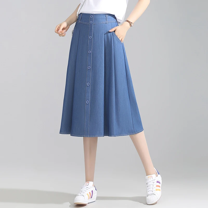 Simple loose high waist A-line single-breasted skirt women 2024 summer new denim skirt