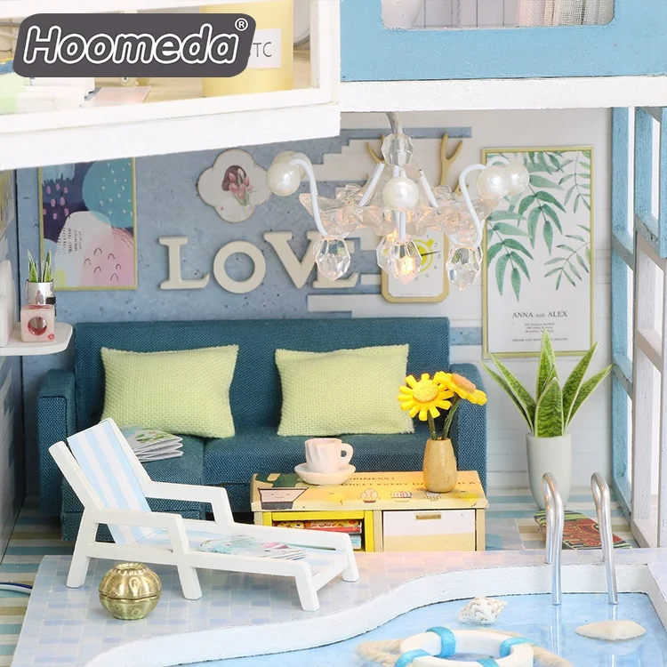 Wholesale DIY mini Wooden dollhouse miniature with light and furniture for holiday gift