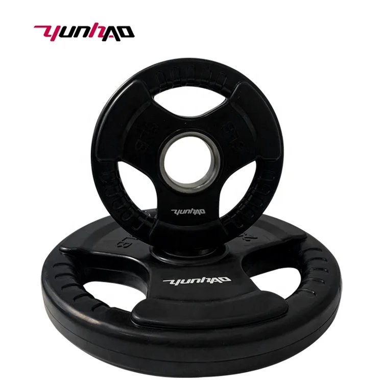 Gym Fitness Weight Lifting 2.5LB 5LB 10LB 25LB 35LB 45LB Rubber Tri Grip Barbell Weight Plates Set With Stainless Steel Rings