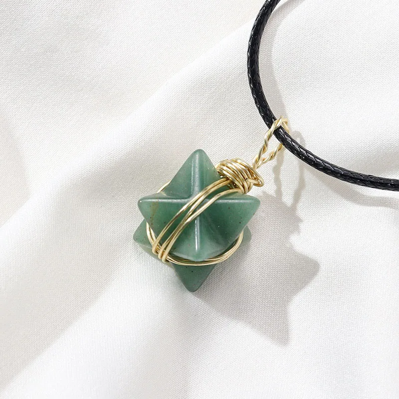 Wholesale Bulk Natural Crystal Gemstone Carved Merkaba Star Gold Wire Wrapped Merkaba Necklace Pendant