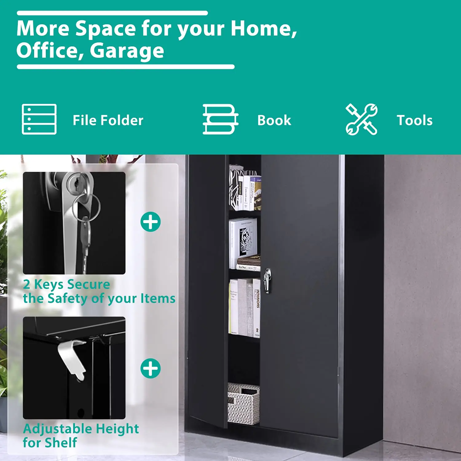 Modern Steel Garage Storage Unit with Multi-Purpose Shelves and Double Door