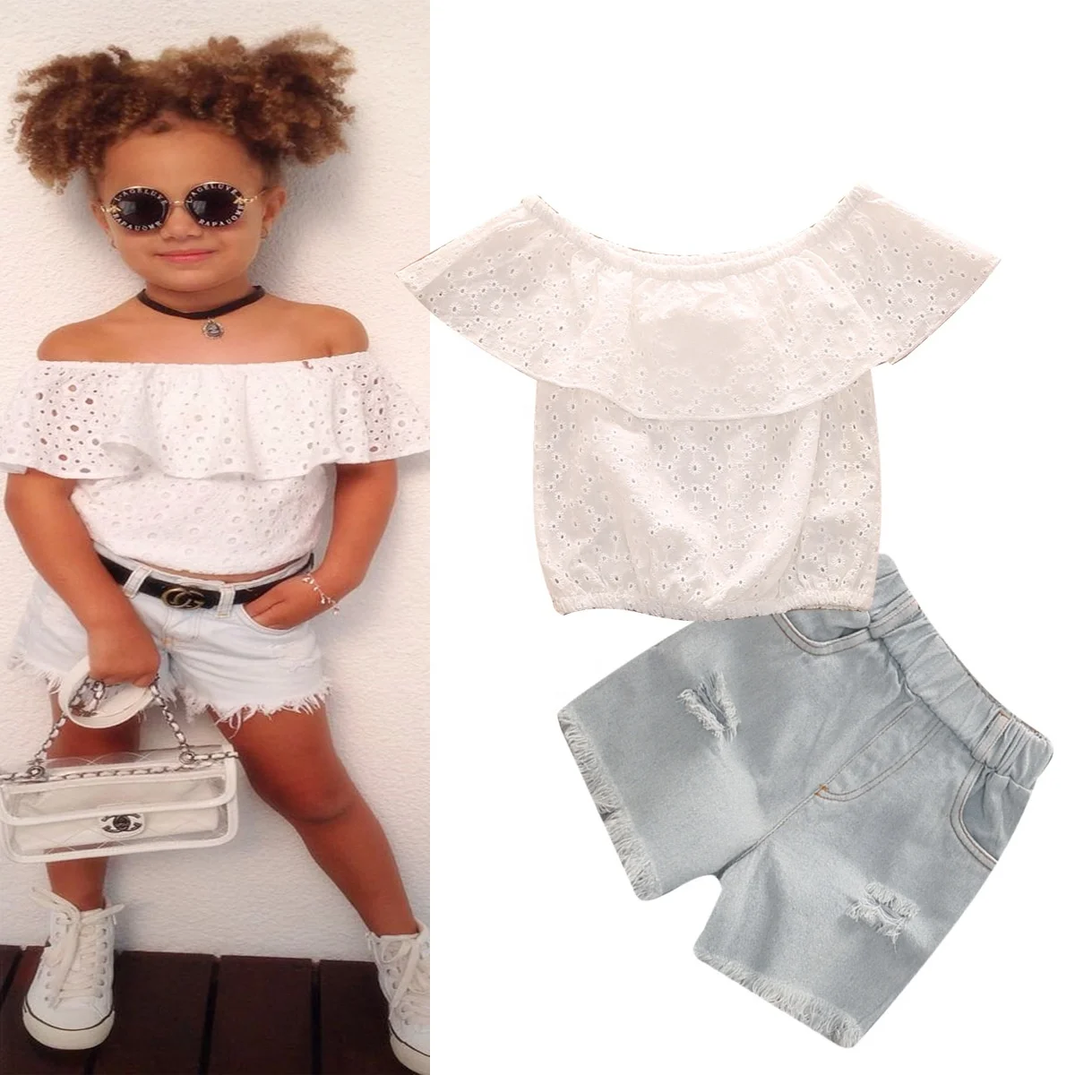 1193 Summer Children Kids Baby Girls Clothing Off Shoulder Sleeveless T-Shirt Crop Tops +Denim Shorts 2Pcs Clothes Outfit Set