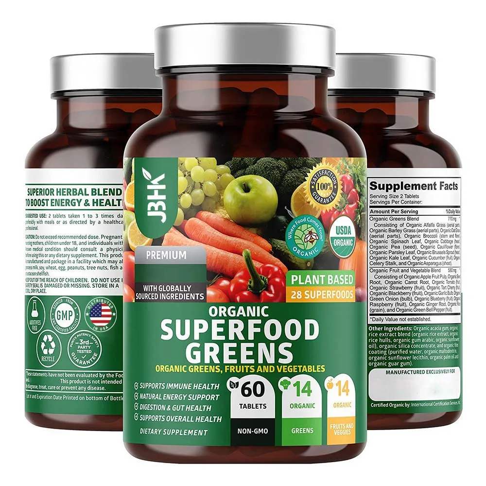 Factory Supplier Private Label Vegan Energy & Immune Support Pills Supplement Halal Organic Superfood Green Capsules