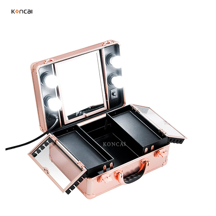 FAMA factory KONCAI  Hot Selling Portable Rolling Studio Case LED Lighted, makeup kit box rose gold  makeup case with light