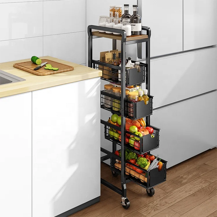 2021 wholesale mobile home 360 degree rotating storage Holder rack 5-tier kitchen shelf vegetable & fruit basket with wheel