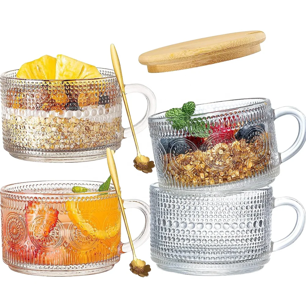 Vintage Glass Coffee Mug Embossed Handle Breakfast Cup with Stainless Steel Spoon and Bamboo Lid