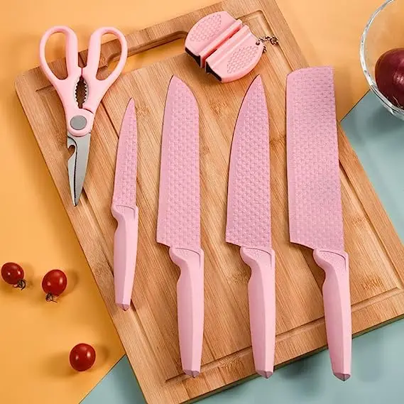 6PCS Nonstick Kitchen Knife Set Cutting Board with Knife Sharpener Christmas Gifts for Woman Girl
