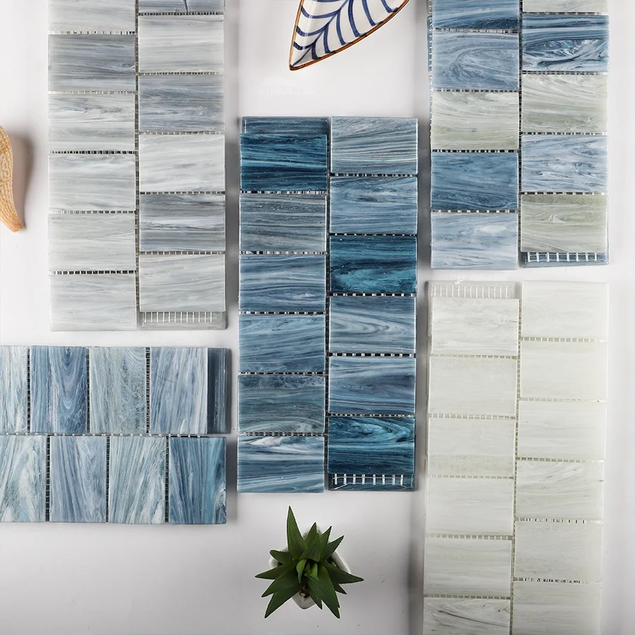 Bluwhale Tile Backsplash Pool Waterline Blue Pearl White Matte Rectangle Iridescent Glass Moasic Tile For Swimming Pool
