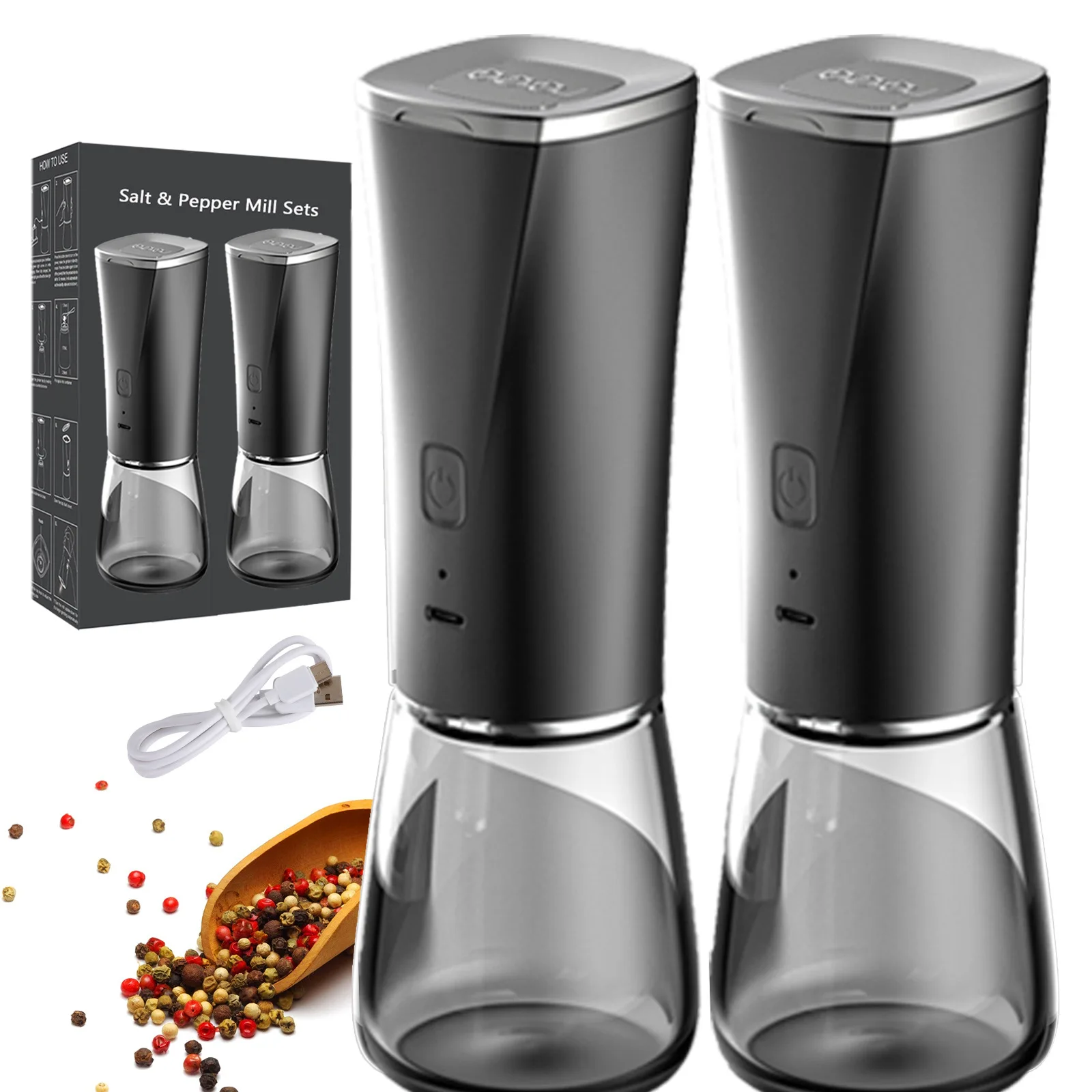 Gravity Salt and Pepper Mill USB Rechargeable Spice Mill with Adjustable Coarse Grain Electric Pepper Grinder (1600546315353)