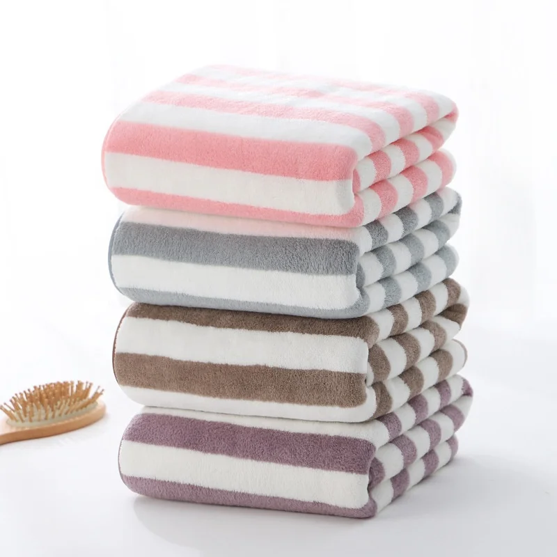 Bath Towel Coral Velvet Deluxe Wholesale Striped Design Hotel Towel Absorbent Thickened Cheap Coral Fleece Bath Towels