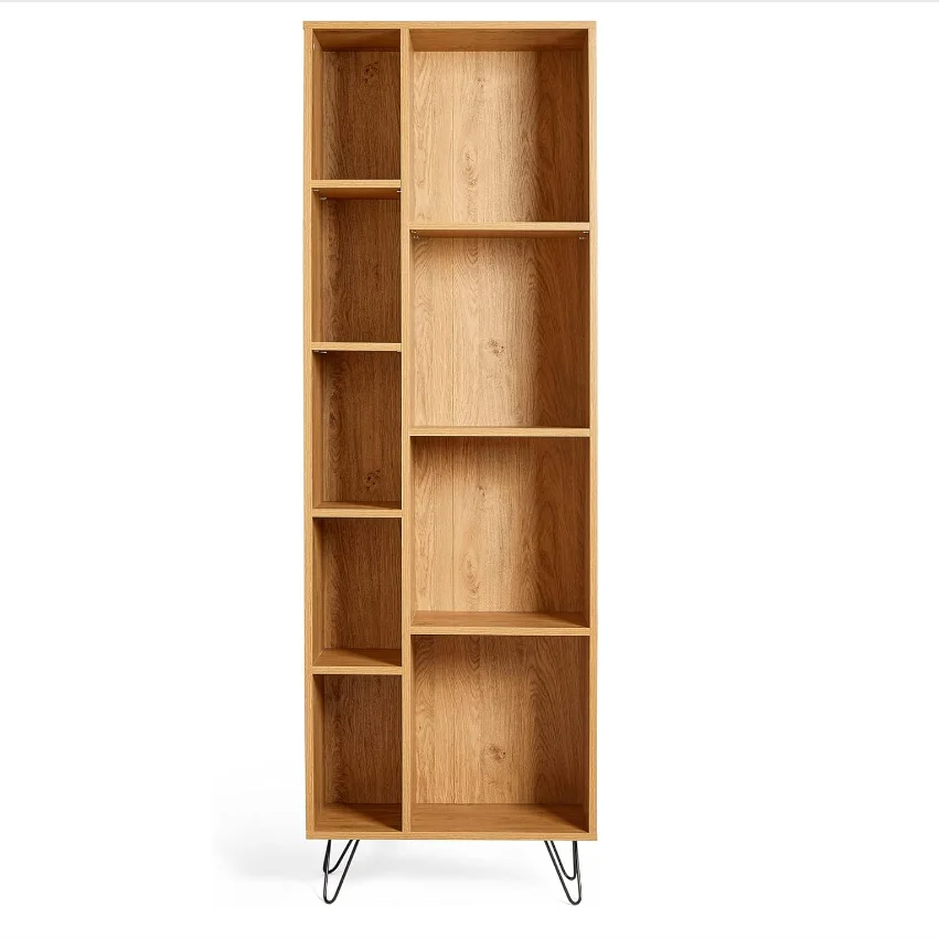 Bookcase Oak Wood Effect -Tall Bookshelf for Living Room - Large Industrial Shelving Display Unit with 9 Shelves