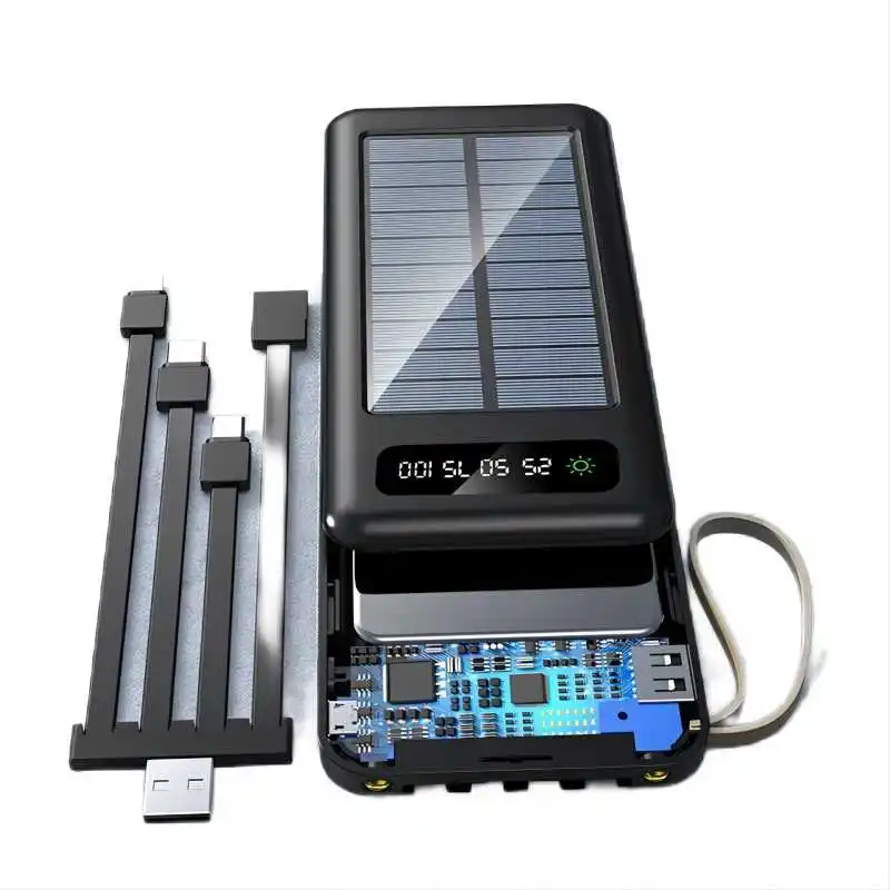 20000mAh 2.1A Removable 4 Built-in Wires Waterproof Cellphone Mount Digital Display Fast Charging Solar Power Bank