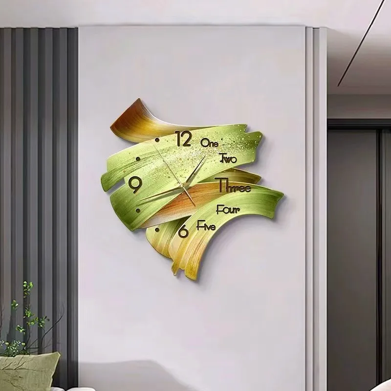 New Trend Modern Abstract green orange uv cutting edge hand-crafted wall home LED with clock decor for living room wall decor